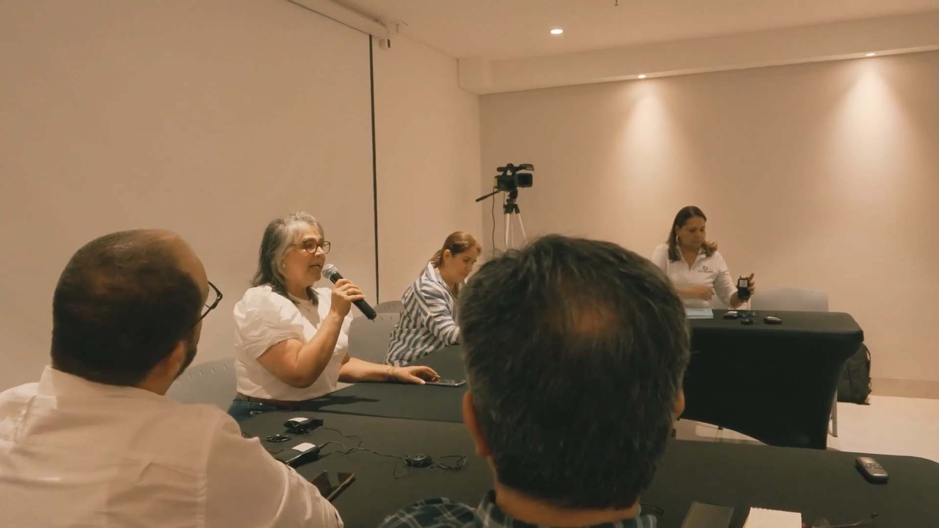 View between shoulders of two men, of a woman speaking and using a handheld microphone, with two women listening in the background